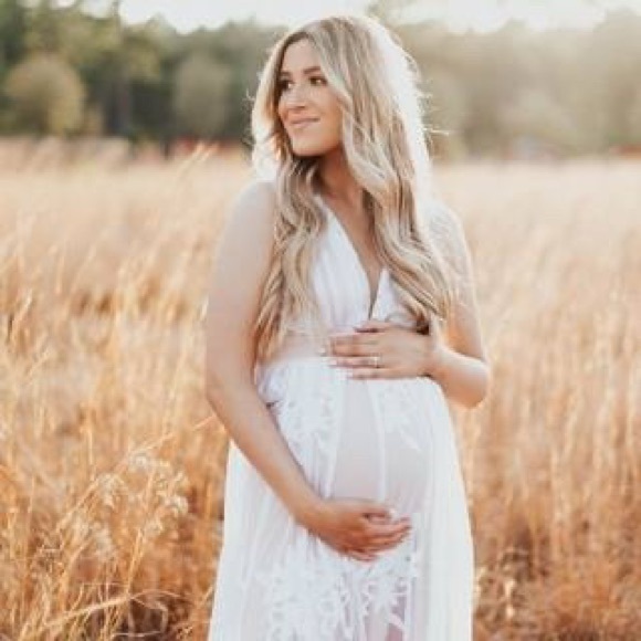 Elegant White Maternity bridesmaid Dress vneck photoshoot wedding gown long - Picture 2 of 5